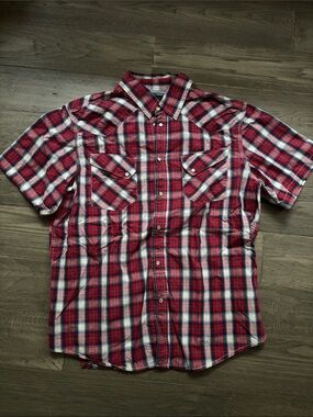Midtown | Vintage Red Plaid Short-Sleeve Button-Up Shirt 100% Cotton Size Large